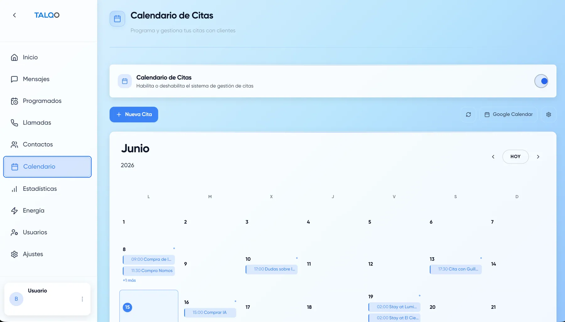 El calendario real contra el que confirma las citas, sincronizado con Google.