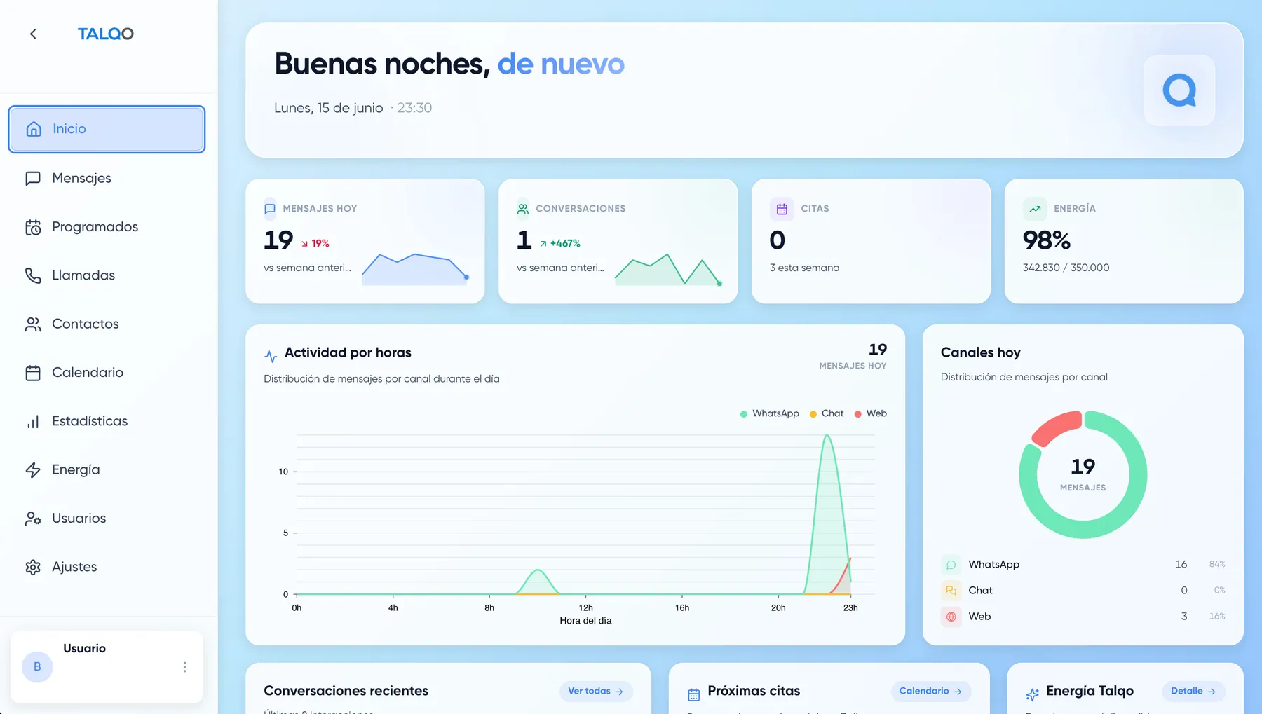El día de un vistazo: mensajes, citas y actividad por horas.